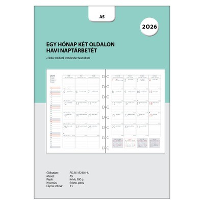 Filofax Notebookhoz Naptárbetét Havi HU A5 Fehér 2026