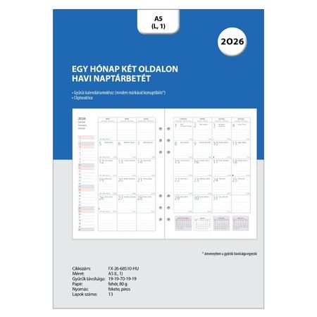 Filofaxhoz Naptárbetét Havi A5 HU Fehér 2026