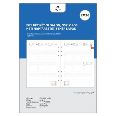 Filofaxhoz Naptárbetét Heti 1 hét / 2 oldal Magyar Oszlopos elrendezés (H-GB-D) A5 2026 Fehér