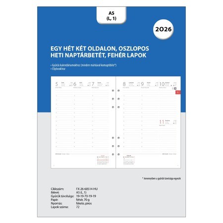 Filofaxhoz Naptárbetét Heti 1 hét / 2 oldal Magyar Oszlopos elrendezés (H-GB-D) A5 2026 Fehér