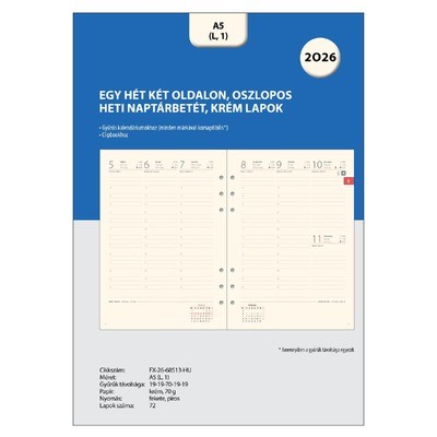 Filofaxhoz Naptárbetét Heti 1 hét / 2 oldal Magyar Oszlopos elrendezés (H-GB-D) A5 2026 Krém