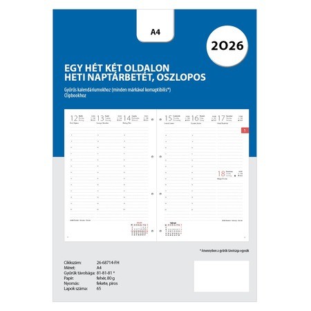 Filofaxhoz Naptárbetét Heti 1 hét / 2 oldal Magyar Oszlopos elrendezés (H-GB-D) A4 2026 Fehér