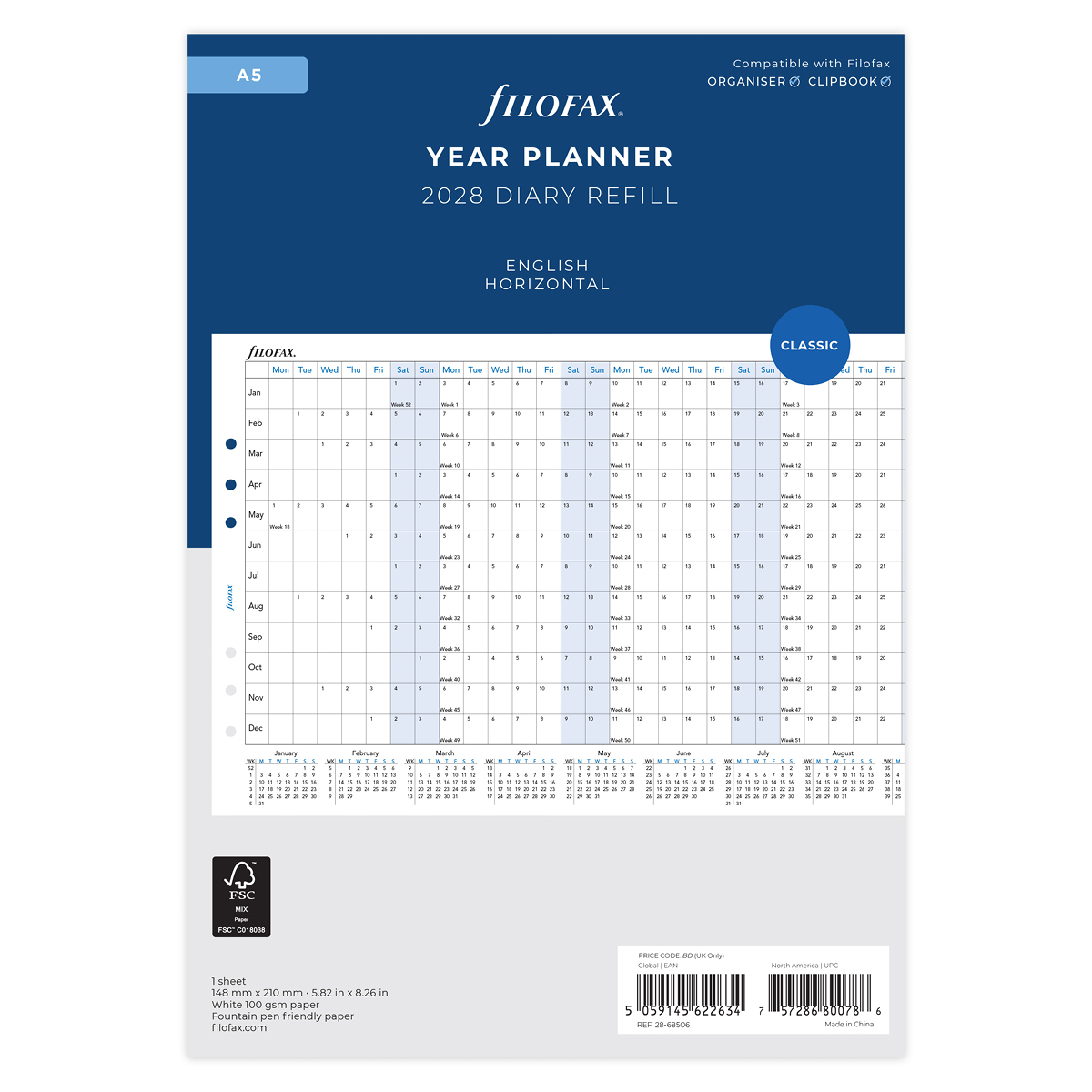 Filofax Naptárbetét Éves Horizontális A5 Fehér 2028 Filofax Naptárbetét Éves Horizontális A5 Fehér 2028