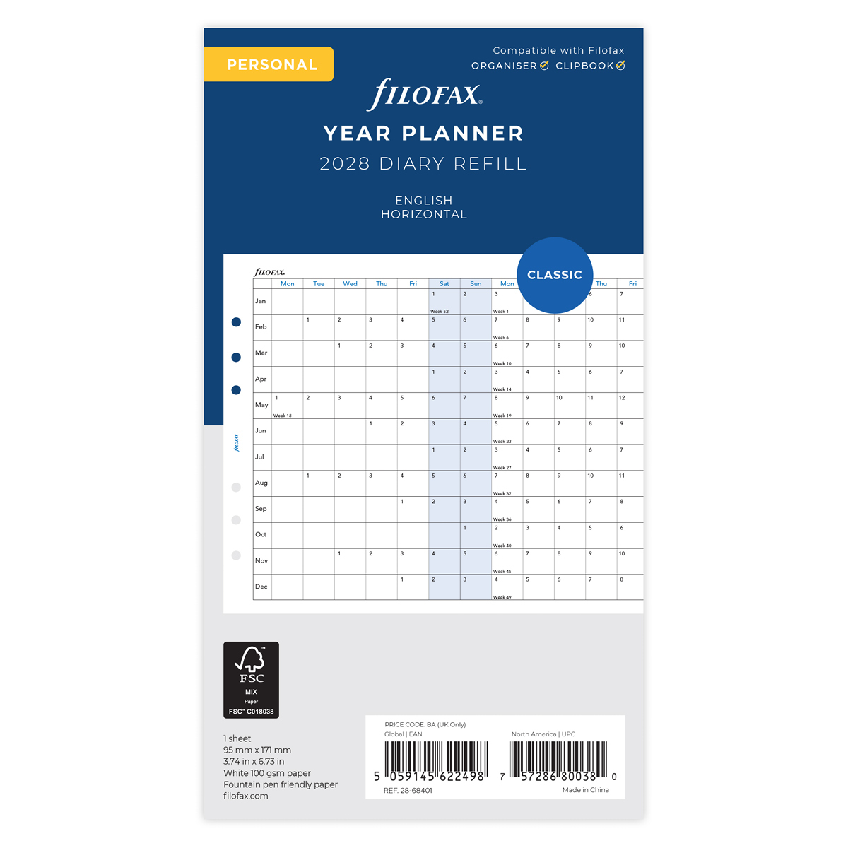 Filofax Naptárbetét Éves Horizontális Personal Fehér 2028 Filofax Naptárbetét Éves Horizontális Personal Fehér 2028