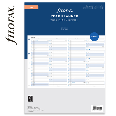 Filofax Naptárbetét Éves Vertikális A4 Fehér 2027