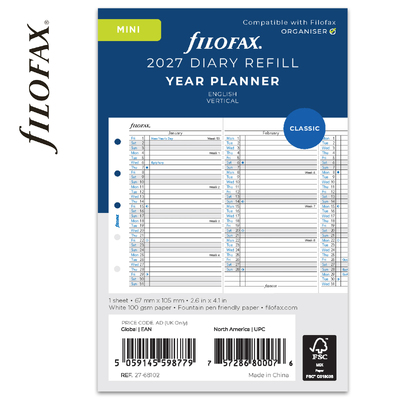 Filofax Naptárbetét Éves Vertikális Mini Fehér 2027
