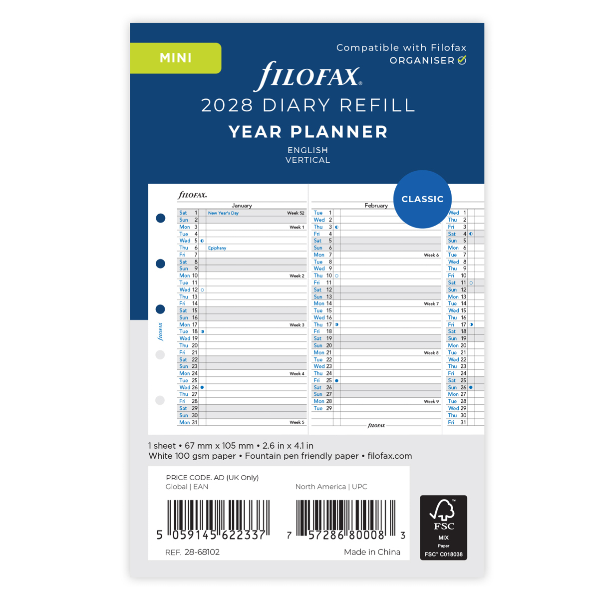 Filofax Naptárbetét Éves Vertikális Mini Fehér 2028 Filofax Naptárbetét Éves Vertikális Mini Fehér 2028