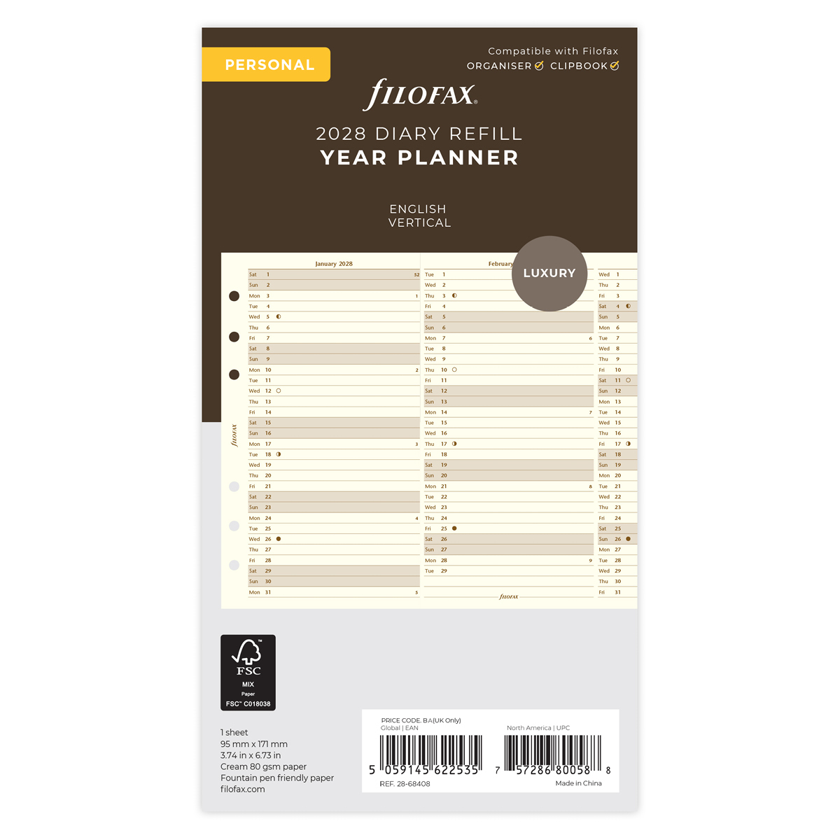 Filofax Naptárbetét Éves Vertikális Personal Krém 2028 Filofax Naptárbetét Éves Vertikális Personal Krém 2028