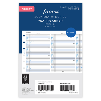 Filofax Naptárbetét Éves Vertikális Pocket Fehér 2027