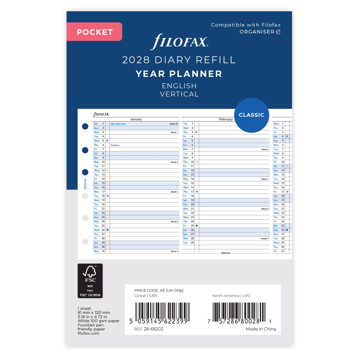 Filofax Naptárbetét Éves Vertikális Pocket Fehér 2028 Filofax Naptárbetét Éves Vertikális Pocket Fehér 2028