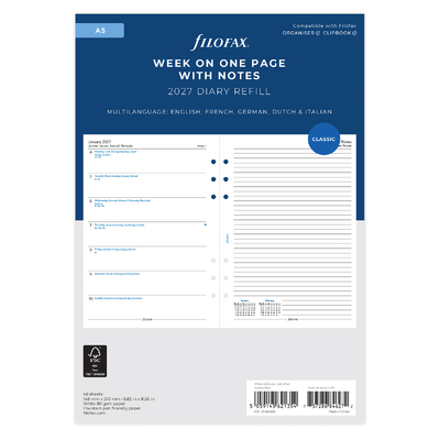 Filofax Naptárbetét Heti 1 hét / 1 oldal + 1 oldal jegyzet A5 Fehér 2027