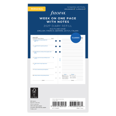 Filofax Naptárbetét Heti 1 hét / 1 oldal + 1 oldal jegyzet Personal Fehér 2027