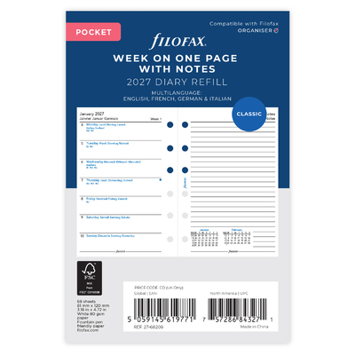 Filofax Naptárbetét Heti 1 hét / 1 oldal + 1 oldal jegyzet Pocket Fehér 2027