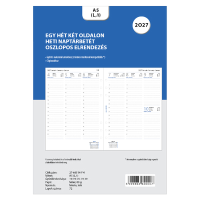 Filofax Naptárbetét Heti 1 hét / 2 oldal Oszlopos 5 nyelvű A5 Fehér 2027