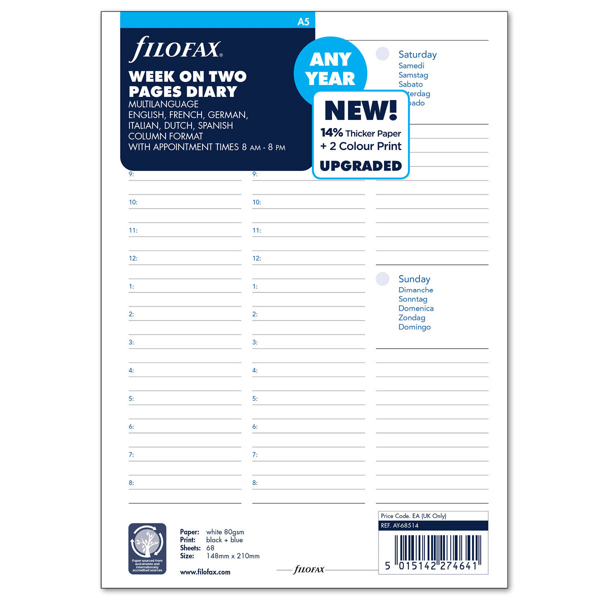 Filofax Naptárbetét Heti 1 hét / 2 oldal Oszlopos 5 nyelvű A5 Fehér Dátum nélküli Filofax Naptárbetét Heti 1 hét / 2 oldal Oszlopos 5 nyelvű A5 Fehér Dátum nélküli
