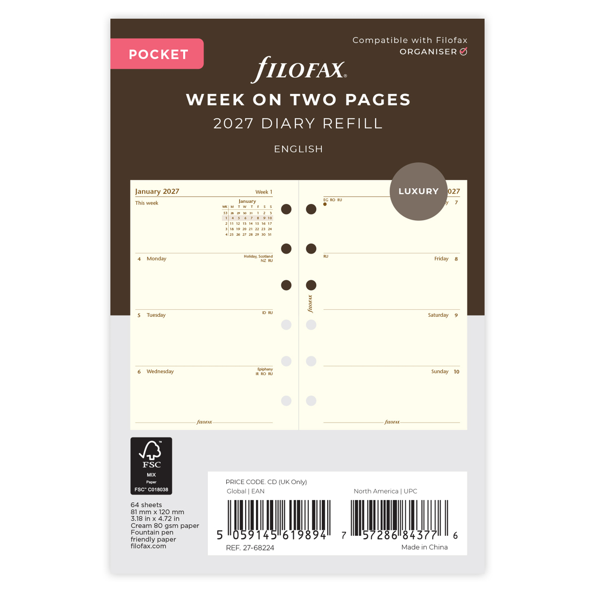 Filofax Naptárbetét Heti 1 hét / 2 oldal Pocket Krém 2027 Filofax Naptárbetét Heti 1 hét / 2 oldal Pocket Krém 2027