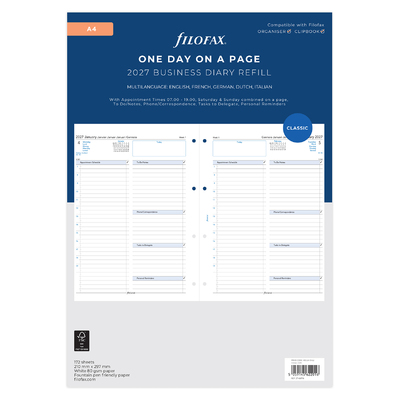 Filofax Naptárbetét Napi 1 nap / 1 oldal Business A4 Fehér 2027