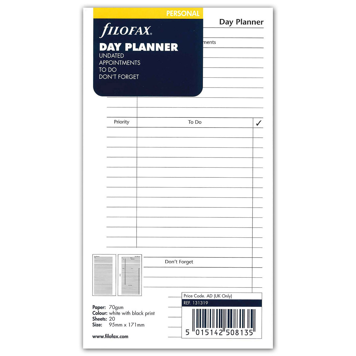 Filofax Naptárbetét Napi 1 nap / 2 oldal Dátum nélküli Personal Fehér Bianco Filofax Naptárbetét Napi 1 nap / 2 oldal Dátum nélküli Personal Fehér Bianco