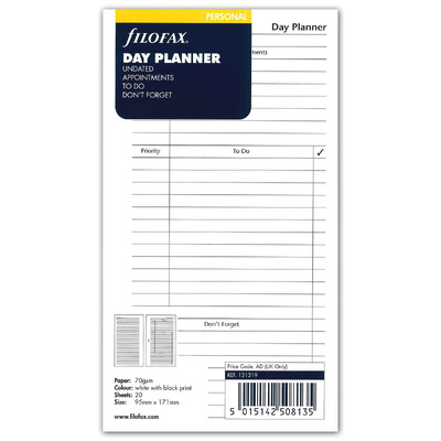 Filofax Naptárbetét Napi 1 nap / 2 oldal Dátum nélküli Personal Fehér Bianco