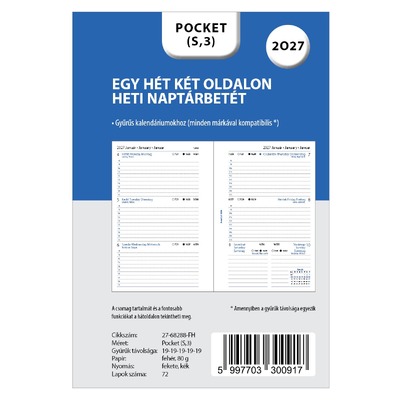 Filofaxhoz Naptárbetét Heti 1 hét / 2 oldal Magyar (H-GB-D) Pocket Fehér 2027