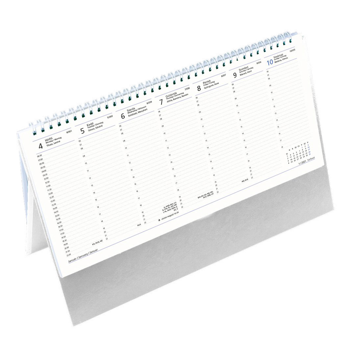 Álló, fehér lapos papírtáblás asztali naptár T051, Fehér