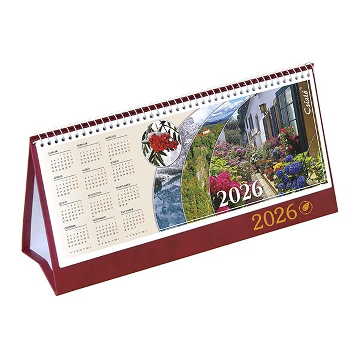 Asztali naptár képes CSÍZIÓ álló fehér lapos idézetes bőr hatású Öko hátlap bordó 2026.