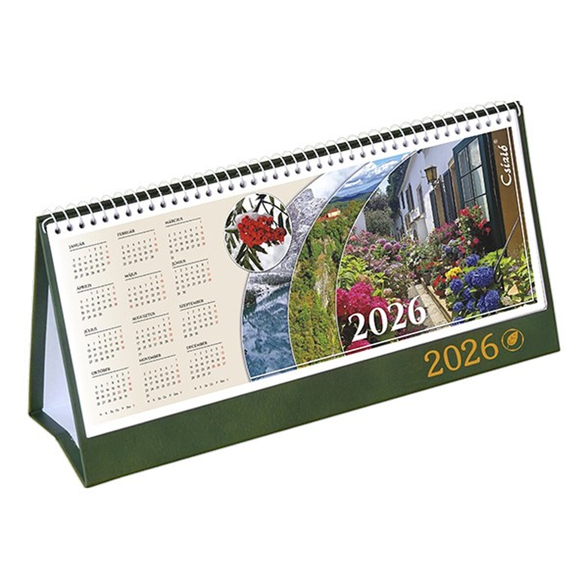 Asztali naptár képes CSÍZIÓ álló fehér lapos idézetes bőr hatású Öko hátlap zöld 2026.