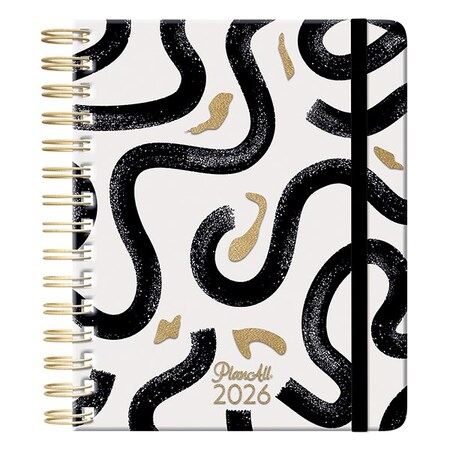 Határidőnapló PLANALL Midi B/6 heti spirálos keményfedelű gumis Black on white 2026.