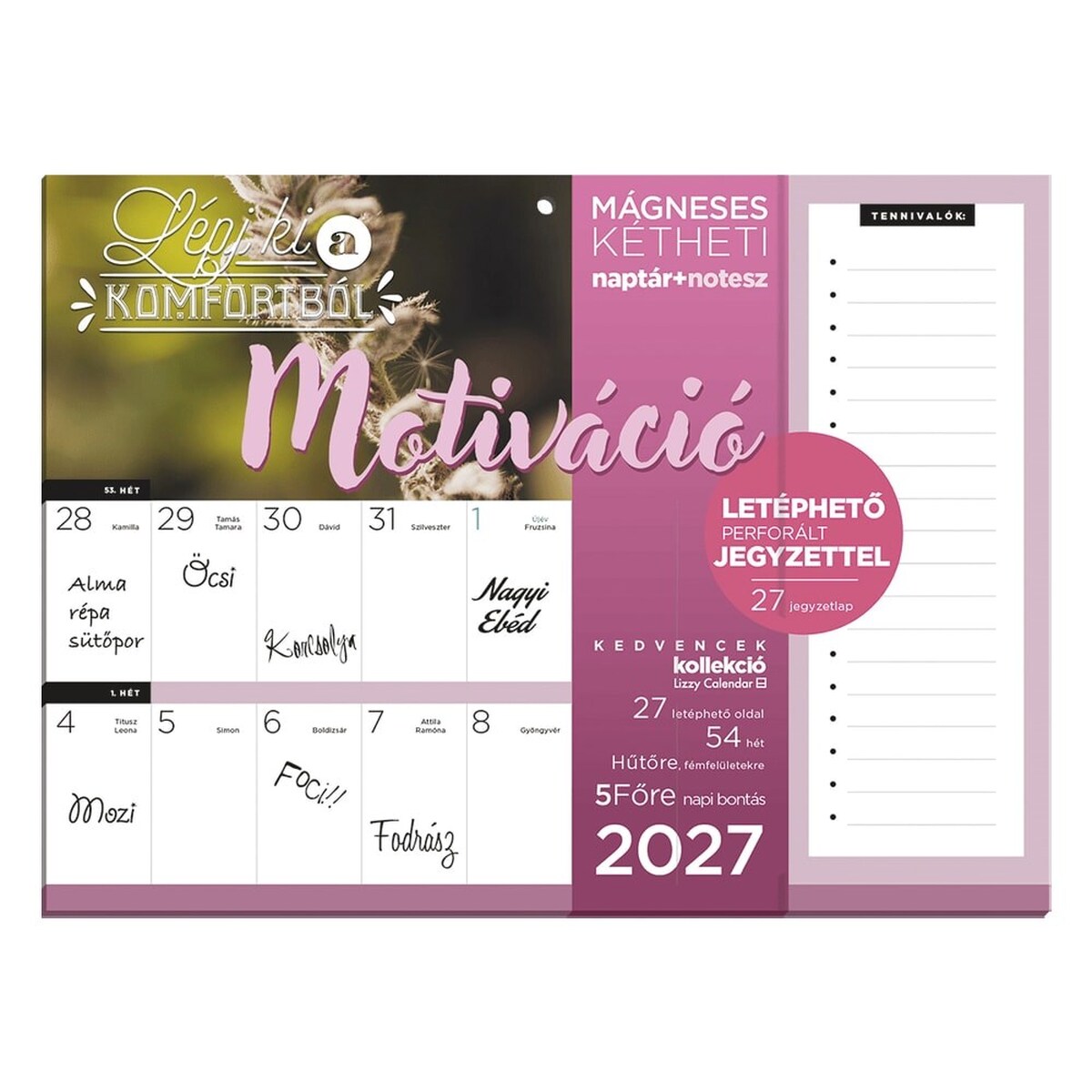 Falinaptár LIZZYCALENDAR 220x220mm 2 hetes + jegyezttömb mágneses Motiváció 2027
