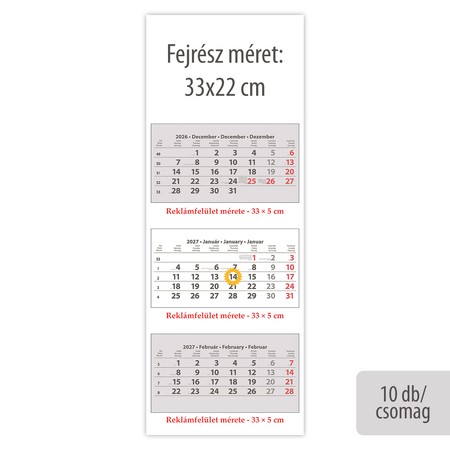 SP3, 3 tömbös 3 hónapos speditőr naptár - Üres, nyomtatható fejrésszel, 10db/csomag