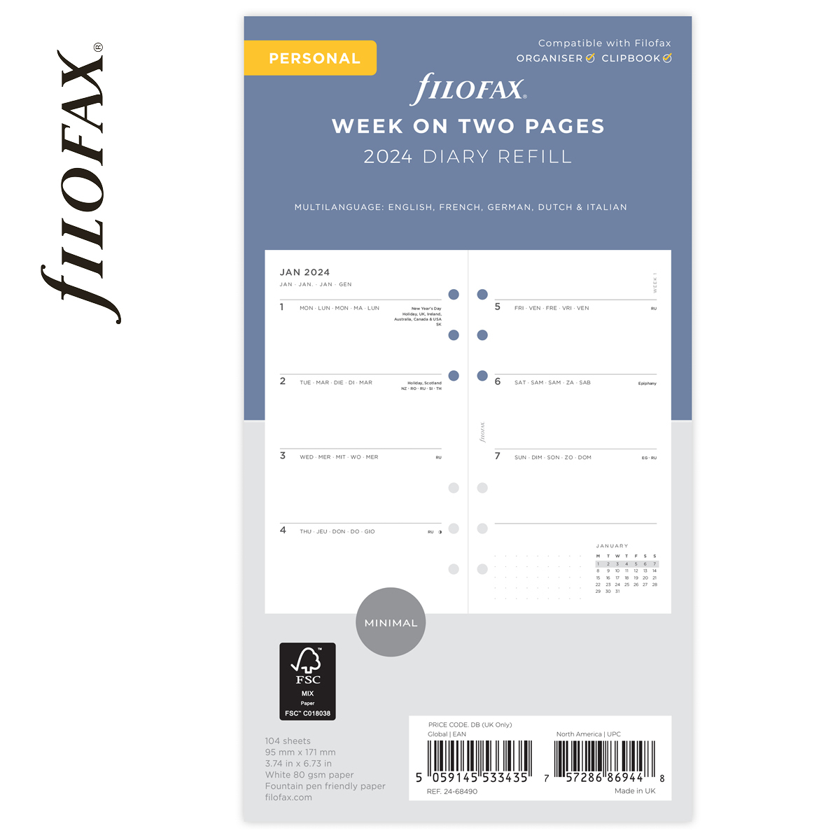 Filofax Naptárbetét + Pótlapok csomag Personal Minimal 2024