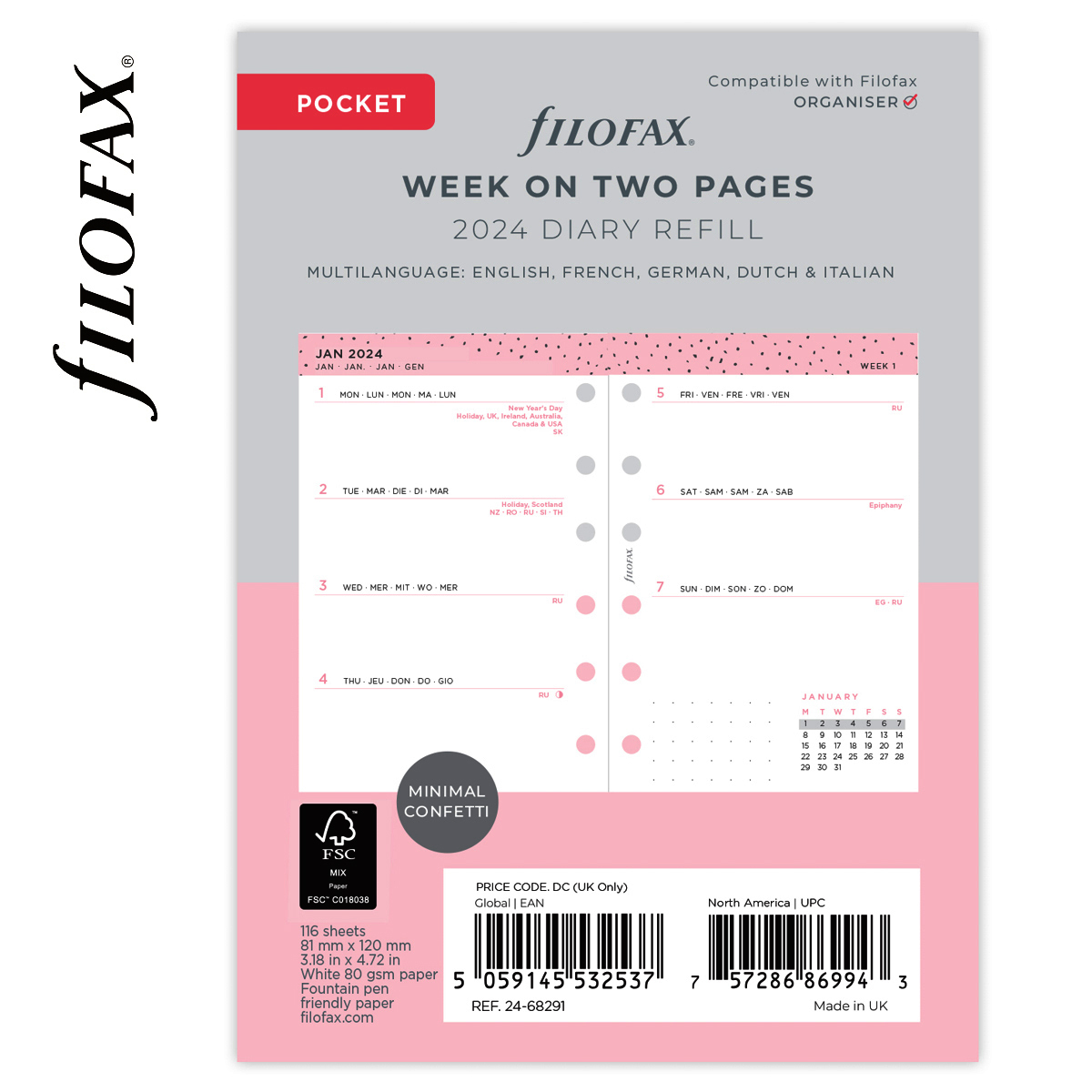 Filofax Naptárbetét + Pótlapok csomag Pocket Színes Confetti 2024