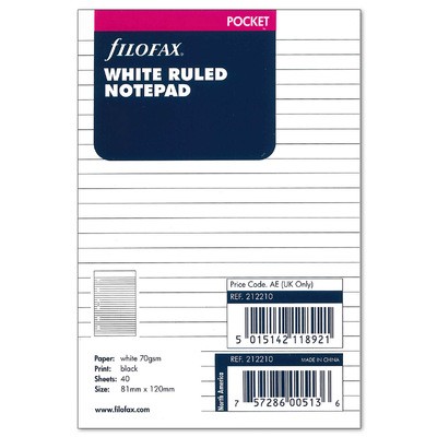 Filofax Jegyzettömb Vonalas Lyukasztott Pocket Fehér
