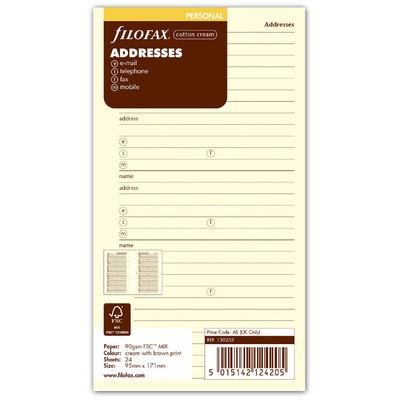 Filofax Kontakt lista (Név / Cím / Telefon / Email / Fax / Mobil) Personal Krém