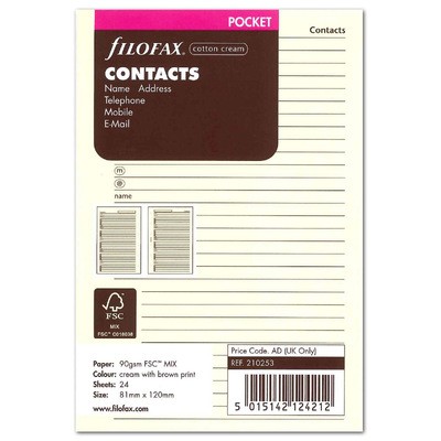 Filofax Kontakt lista (Név / Cím / Telefon / Email / Fax) Pocket Krém