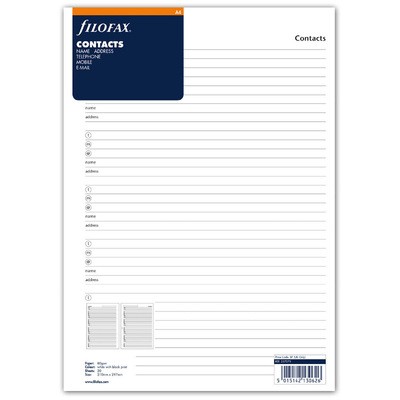 Filofax Kontakt lista (Név / Cím / Telefon / Email / Kontakt) 5 nyelvű A4 Fehér