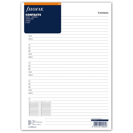 Filofax Kontakt lista (Név / Cím / Telefon / Email / Kontakt) 5 nyelvű A4 Fehér