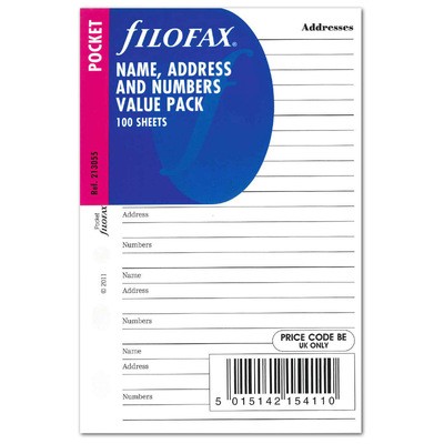 Filofax Kontakt lista (Név / Cím / Telefon) Nagy csomag Pocket Fehér