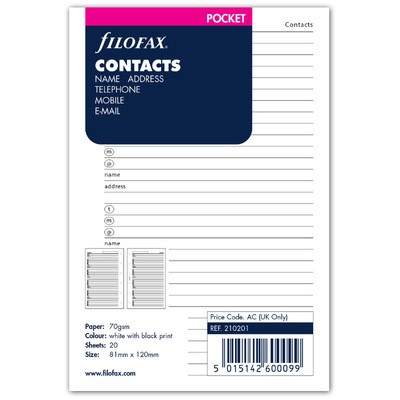 Filofax Kontakt lista (Név / Cím / Telefon) Pocket Fehér