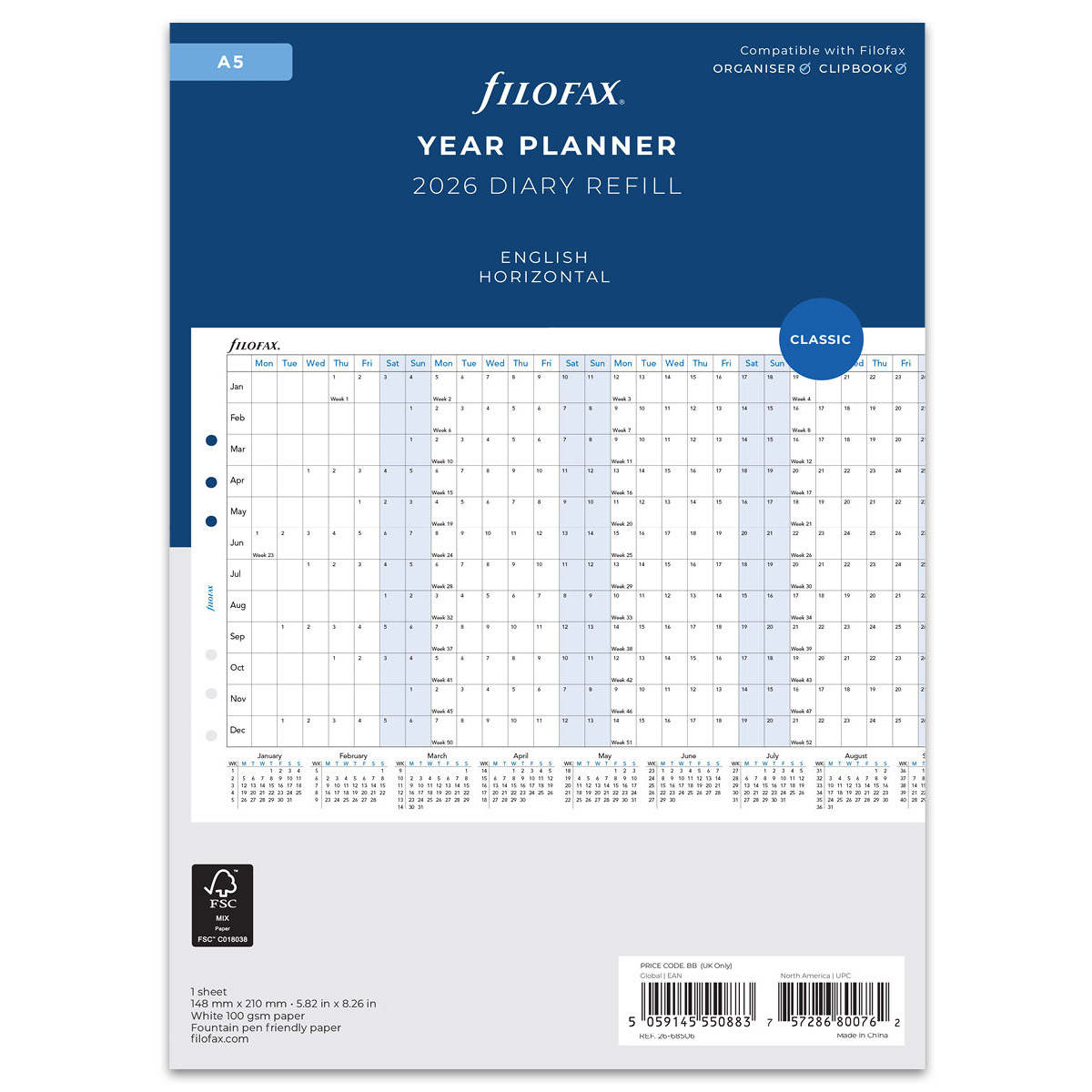 Filofax Naptárbetét Éves Horizontális A5 Fehér 2026 Filofax Naptárbetét Éves Horizontális A5 Fehér 2026