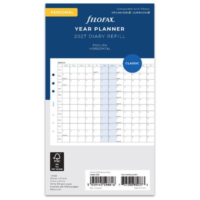 Filofax Naptárbetét Éves Horizontális Personal Fehér 2027