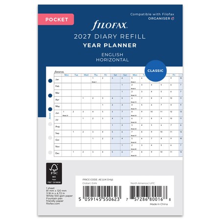 Filofax Naptárbetét Éves Horizontális Pocket Fehér 2027