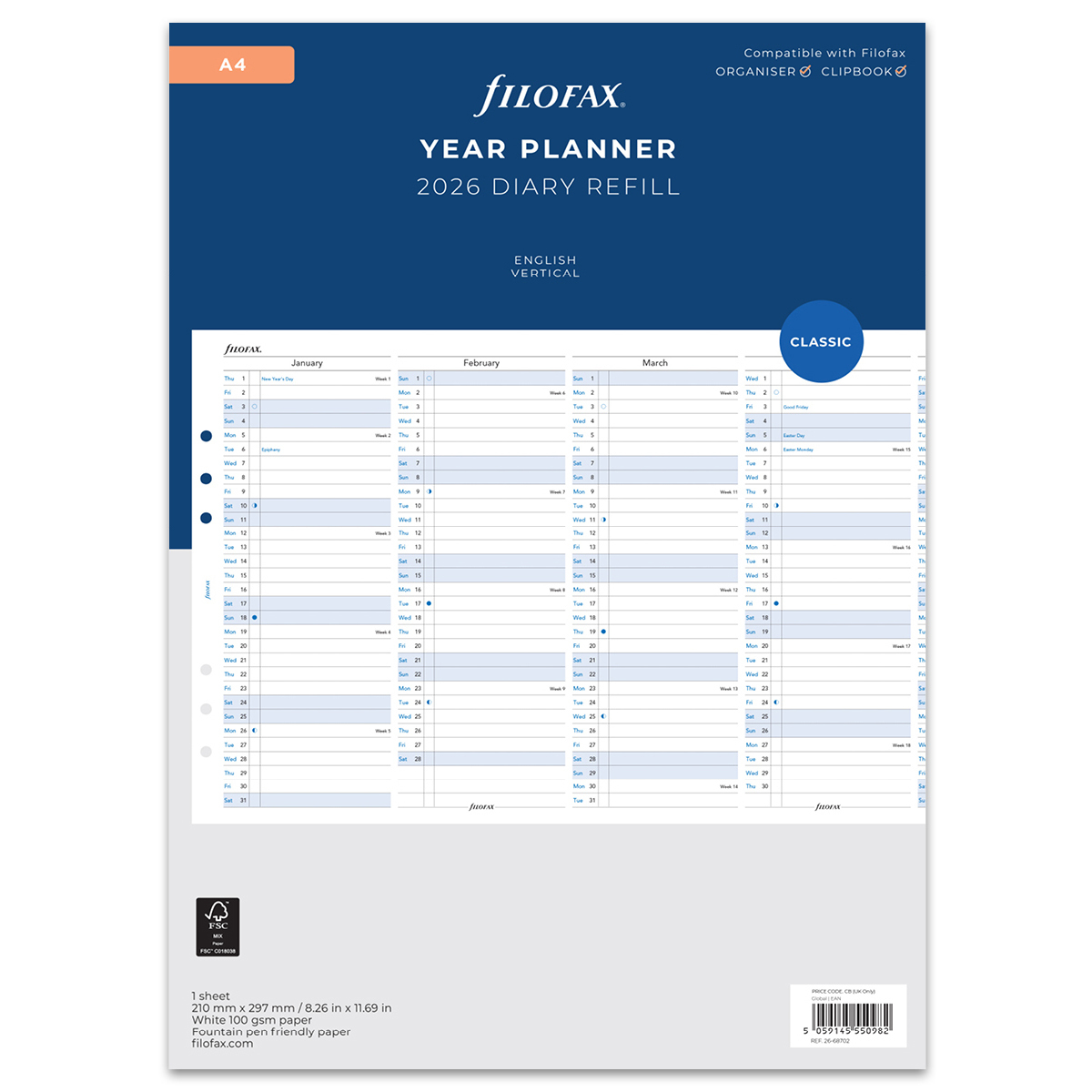 Filofax Naptárbetét Éves Vertikális A4 Fehér 2026 Filofax Naptárbetét Éves Vertikális A4 Fehér 2026