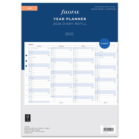 Filofax Naptárbetét Éves Vertikális A4 Fehér 2026