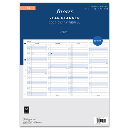 Filofax Naptárbetét Éves Vertikális A4 Fehér 2027