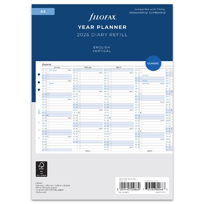 Filofax Naptárbetét Éves Vertikális A5 Fehér 2026