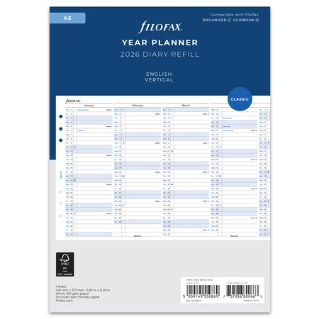 Filofax Naptárbetét Éves Vertikális A5 Fehér 2026
