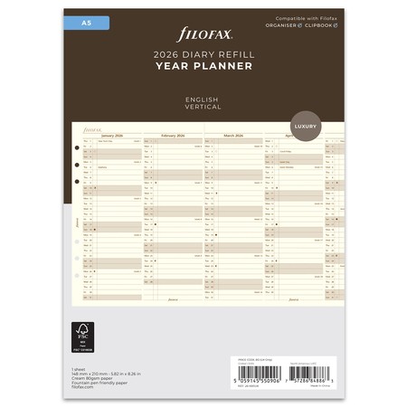 Filofax Naptárbetét Éves Vertikális A5 Krém 2026