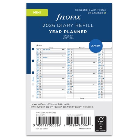 Filofax Naptárbetét Éves Vertikális Mini Fehér 2026
