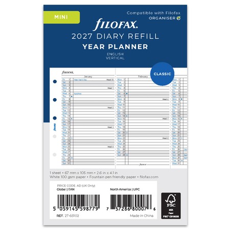 Filofax Naptárbetét Éves Vertikális Mini Fehér 2027